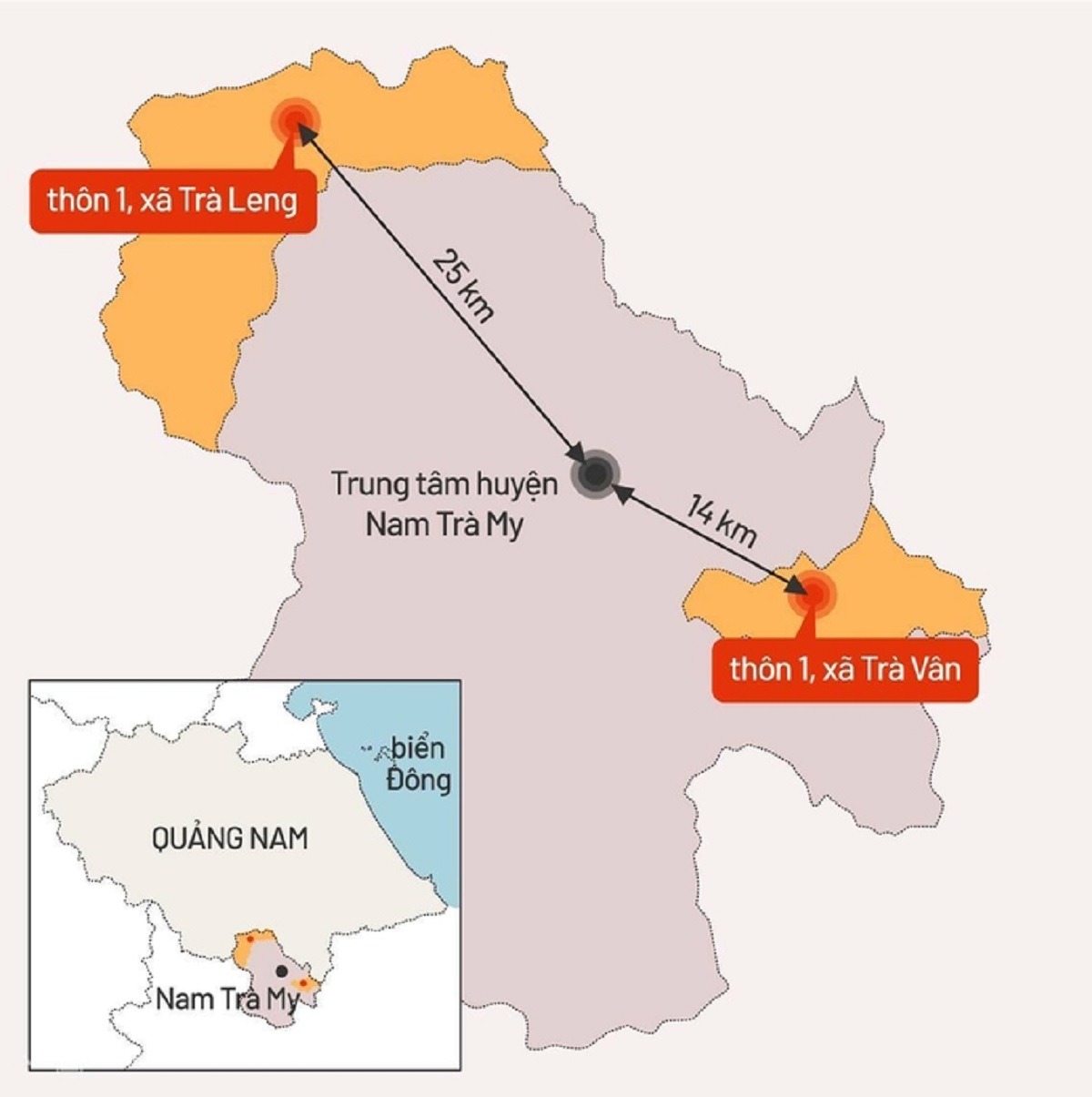 Xã Trà Leng và xã Trà Vân cách nhau 45 km; giao thông khó khăn, địa hình phức tạp, chủ yếu là gò đồi xen với ruộng bậc thang. Đồ hoạ:Tiến Thành.