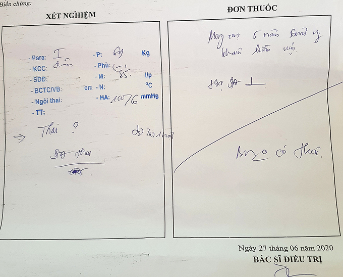 Phiếu khám bệnh kết luận của người phụ nữ ở huyện Thăng Bình, tại Bệnh viện Phụ sản - Nhi Đà Nẵng không có thai. Ảnh: Đắc Thành.